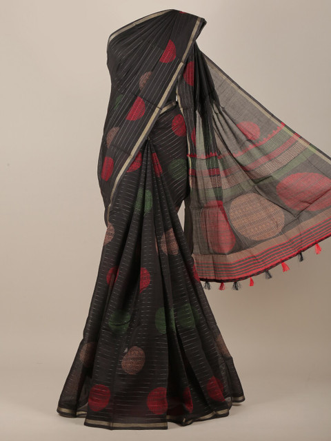 

Pothys Charcoal Grey & Red Ethnic Motifs Printed Zari Saree
