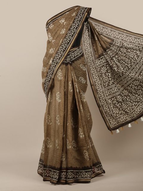 

Pothys Tan & White Ethnic Motifs Printed Zari Saree