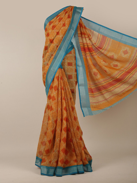 

Pothys Mustard Yellow & Turquoise Blue Geometric Printed Saree