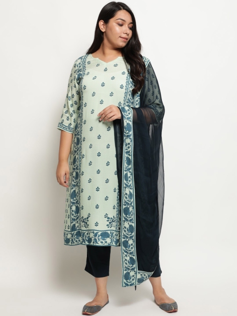 

Amydus Women Teal Printed Angrakha Kurta with Trousers & With Dupatta