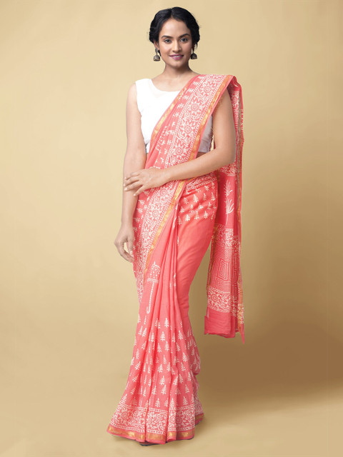 

Unnati Silks Coral Red & White Handloom Sustainable Pure Cotton Preet Block Print Saree