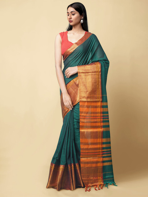 

Unnati Silks Green & Orange Handloom Sustainable Pure Cotton Narayan Peth Saree
