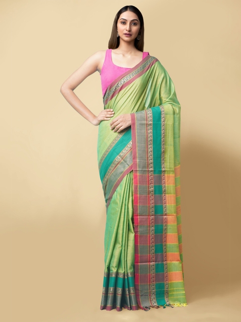 

Unnati Silks Green & Orange Handloom Sustainable Pure Cotton Narayan Peth Saree
