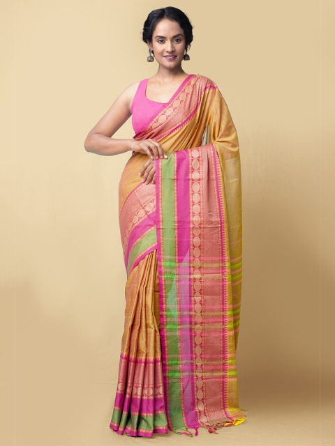 

Unnati Silks Green & Pink Handloom Sustainable Pure Cotton Narayan Peth Saree
