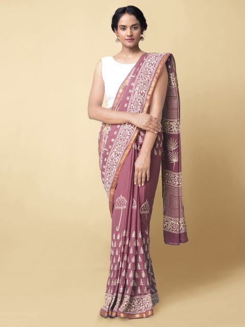 

Unnati Silks Burgundy & Off White Handloom Sustainable Pure Cotton Preet Block Print Saree