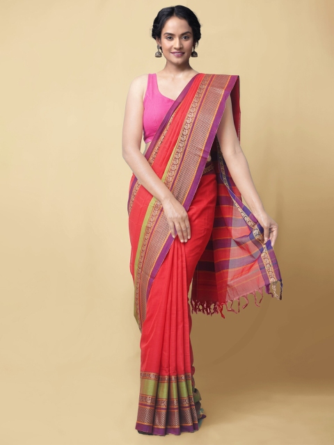

Unnati Silks Red & Purple handloom Sustainable Pure Cotton Narayan Peth Saree