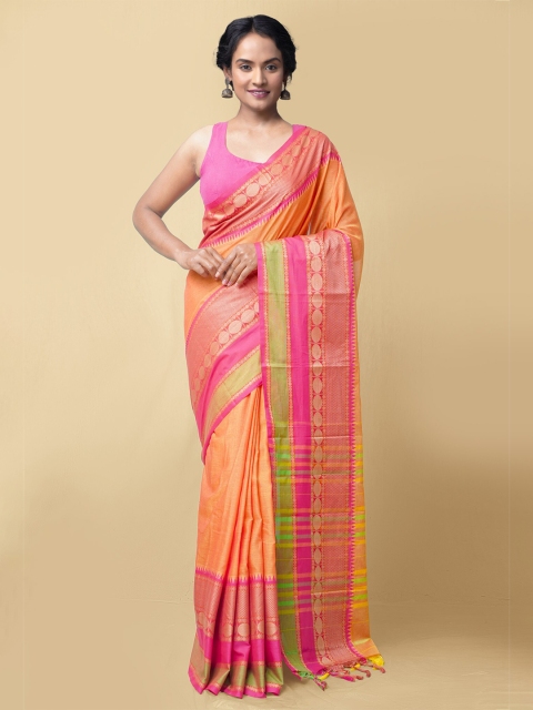

Unnati Silks Women Orange & Green Pure Handloom Narayanpet Cotton Saree