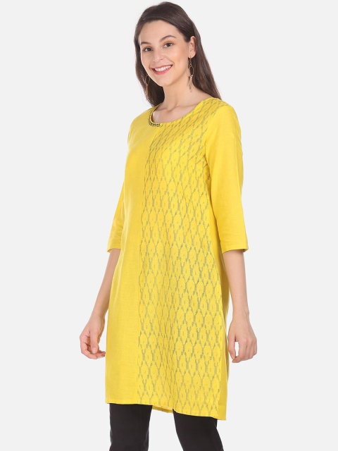 

Karigari Women Yellow & Grey Geometric Yoke Design Regular Kurta