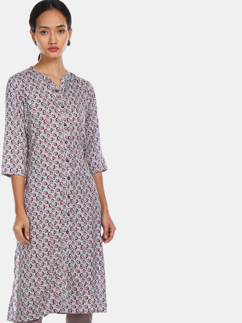 

Karigari Women Grey & Red Floral Printed Regular Kurta