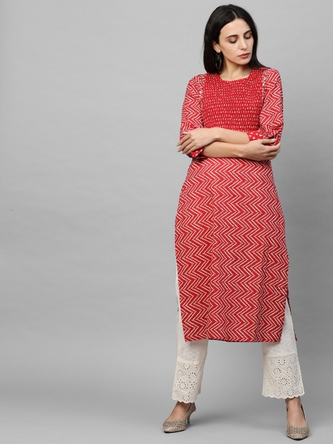 

FASHOR Women Red Printed Regular Pure Cotton Kurta with Trousers