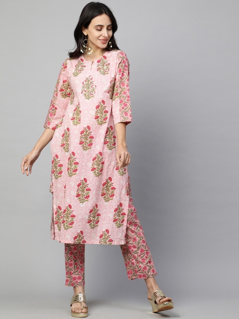 

FASHOR Women Pink Floral Printed Regular Pure Cotton Kurta with Trousers