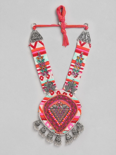 

Rubans Multicolored Beads & Oxidized Handmade Tribal Necklace, Silver