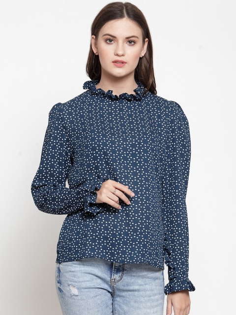 

armure Navy Blue Geometric Printed Ruffled Neck Crepe Regular Top