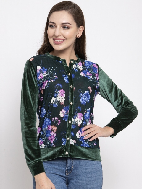 

armure Green Floral Printed Velvet Shirt Style Top
