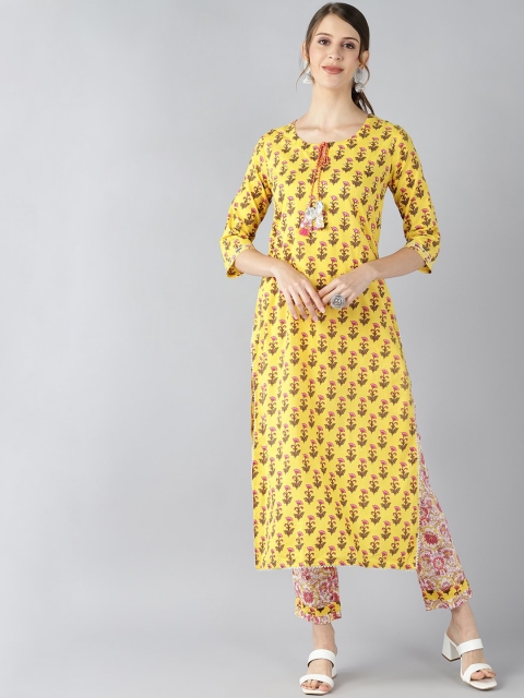 

AHIKA Women Yellow Floral Printed Regular Pure Cotton Kurta with Palazzos