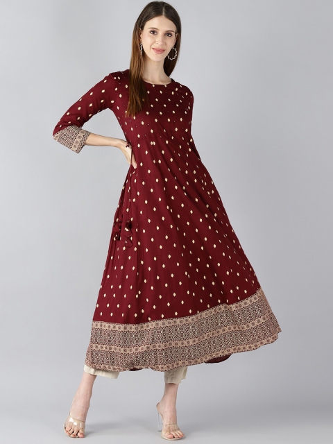 

AHIKA Women Maroon & Beige Ethnic Motifs Printed Mirror Work Regular Kurta