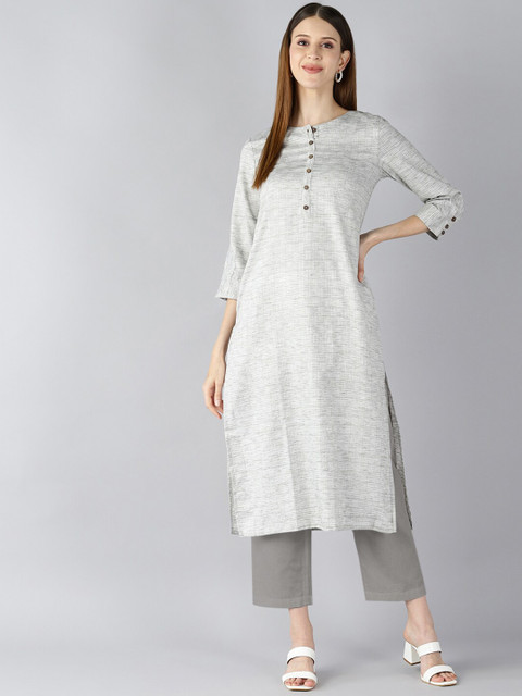 

AHIKA Women Grey Geometric Woven Design Regular Kurta