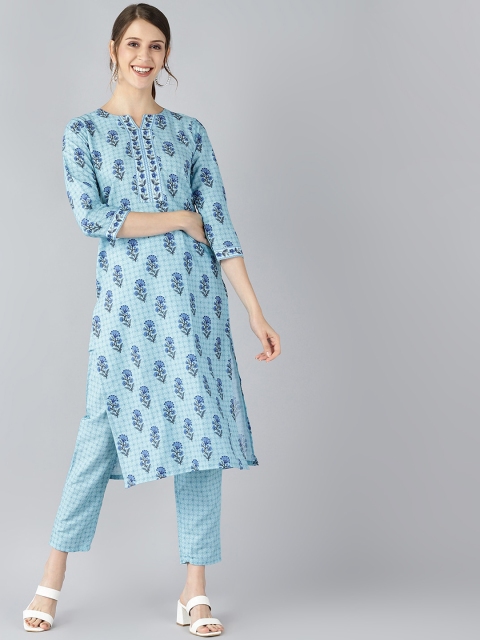 

AHIKA Women Blue Floral Printed Regular Kurta with Trousers