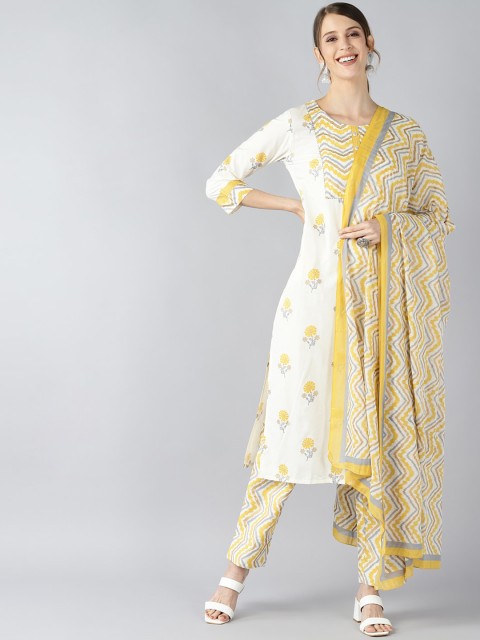 

AHIKA Women Off White Floral Embroidered Regular Pure Cotton Kurti with Salwar & With Dupatta