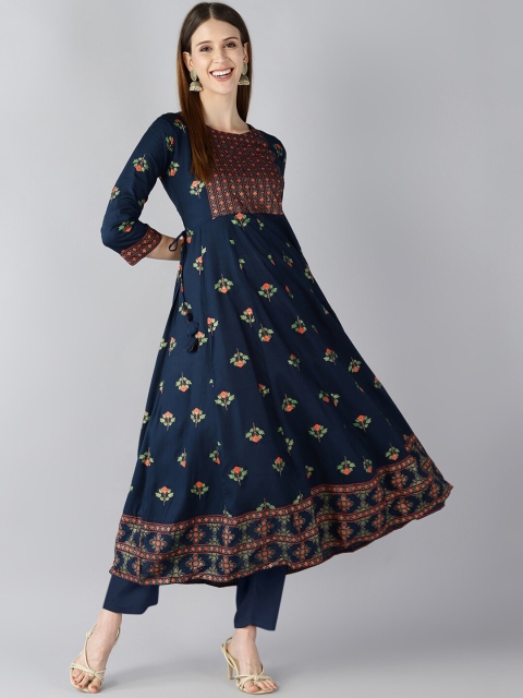 

AHIKA Women Navy Blue Geometric Yoke Design Anarkali Kurta