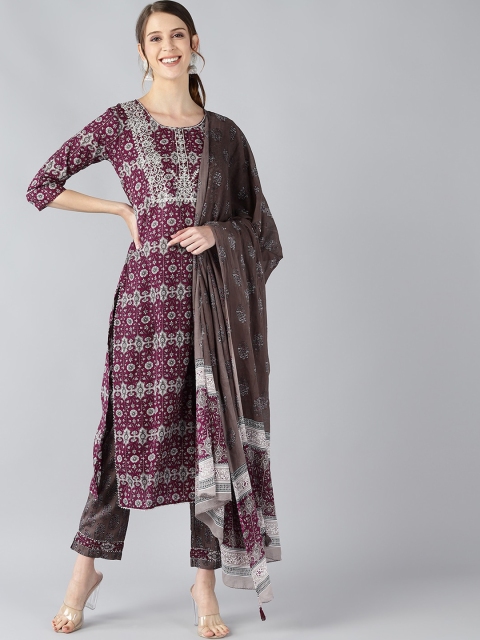 

AHIKA Women Burgundy Printed Regular Pure Cotton Kurta with Trousers & With Dupatta