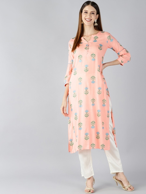 

AHIKA Women Peach-Coloured Floral Kurta