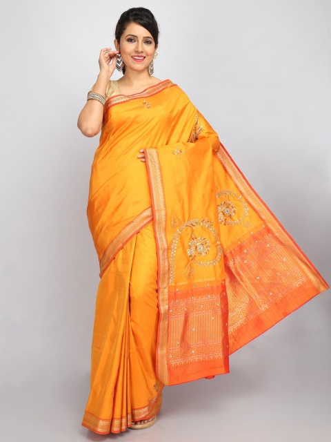 

SABOO COLLECTIONS Yellow & Orange Floral Embroidered Pure Silk Kanjeevaram Saree