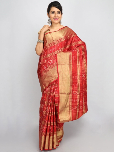 

SABOO COLLECTIONS Maroon & White Checked Zari Pure Silk Ikat Saree