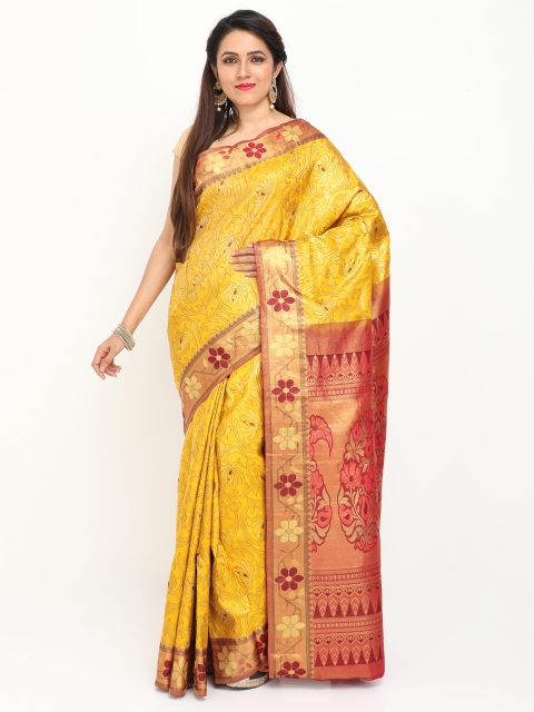 

SABOO COLLECTIONS Mustard & Red Woven Design Pure Silk Kanjeevaram Saree