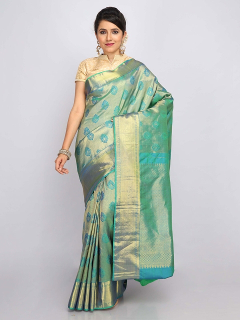 

SABOO COLLECTIONS Green & Gold-Toned Ethnic Motifs Zari Pure Silk Heavy Work Kanjeevaram Saree