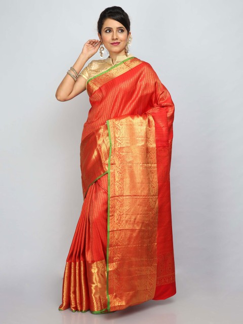 

SABOO COLLECTIONS Red & Green Checked Pure Silk Heavy Work Kanjeevaram Saree