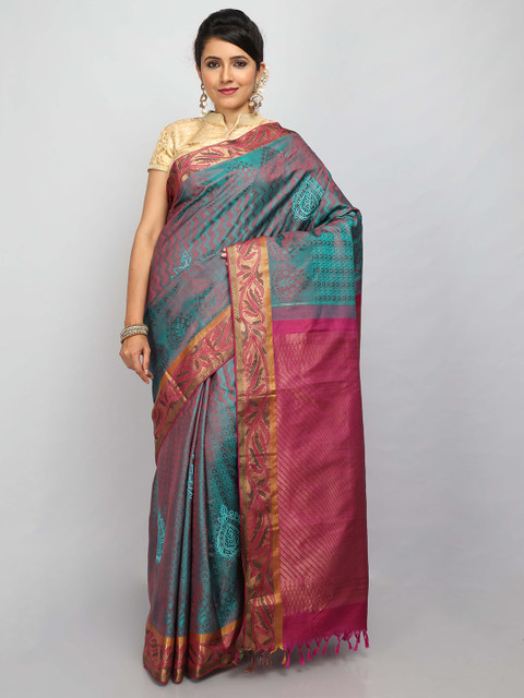

SABOO COLLECTIONS Blue & Magenta Ethnic Motifs Pure Silk Heavy Work Kanjeevaram Saree