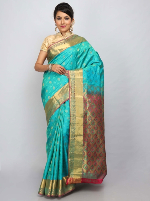 

SABOO COLLECTIONS Blue & Maroon Ethnic Motifs Pure Silk Kanjeevaram Saree