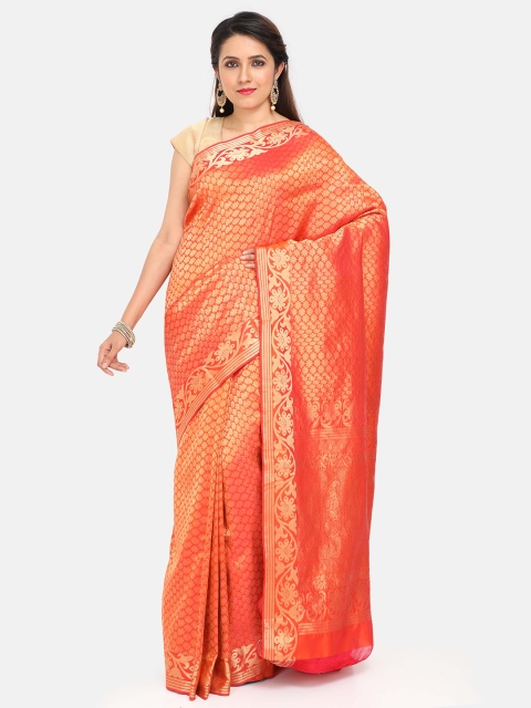 

SABOO COLLECTIONS Orange & Gold-Toned Woven Design Pure Silk Arani Saree