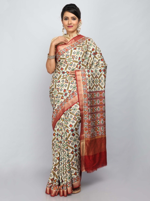 

SABOO COLLECTIONS Beige & Maroon Pure Silk Patola Saree