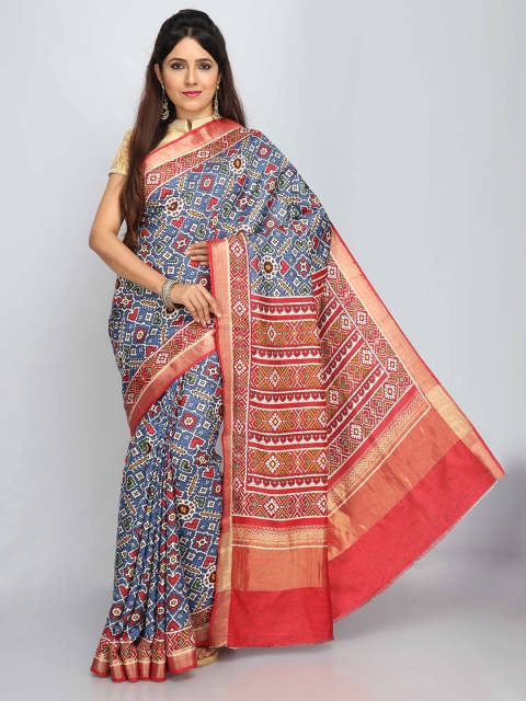 

SABOO COLLECTIONS Blue & Red Ethnic Motifs Pure Silk Patola Saree