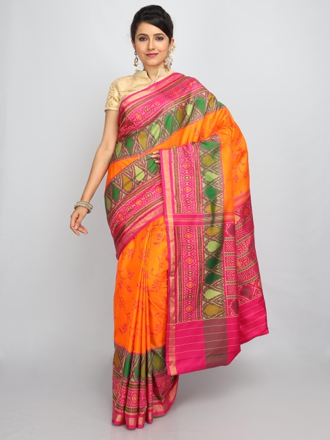 

SABOO COLLECTIONS Orange & Pink Ethnic Motifs Pure Silk Patola Saree