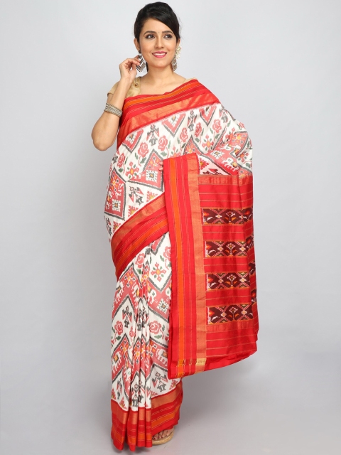 

SABOO COLLECTIONS Off White & Red Ethnic Motifs Zari Pure Silk Heavy Work Ikat Saree