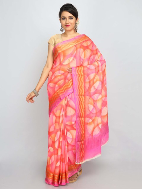 

SABOO COLLECTIONS Pink & Orange Embellished Pure Silk Saree