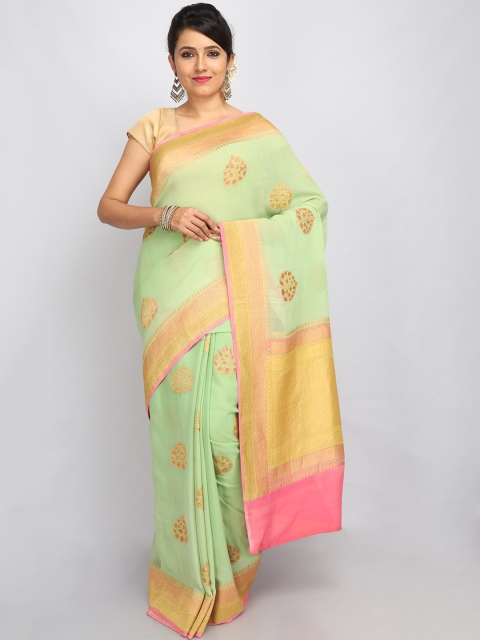 

SABOO COLLECTIONS Green & Pink Ethnic Motifs Pure Silk Banarasi Saree