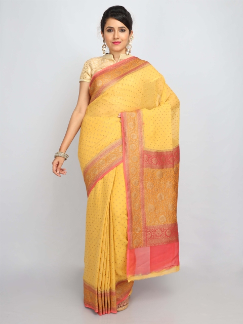 

SABOO COLLECTIONS Mustard & Pink Embellished Pure Silk Banarasi Saree