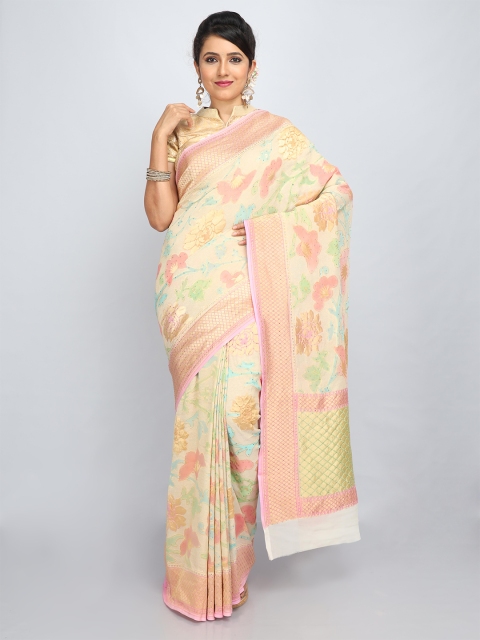 

SABOO COLLECTIONS Multicoloured & Green Floral Beads and Stones Pure Silk Banarasi Saree, Multi