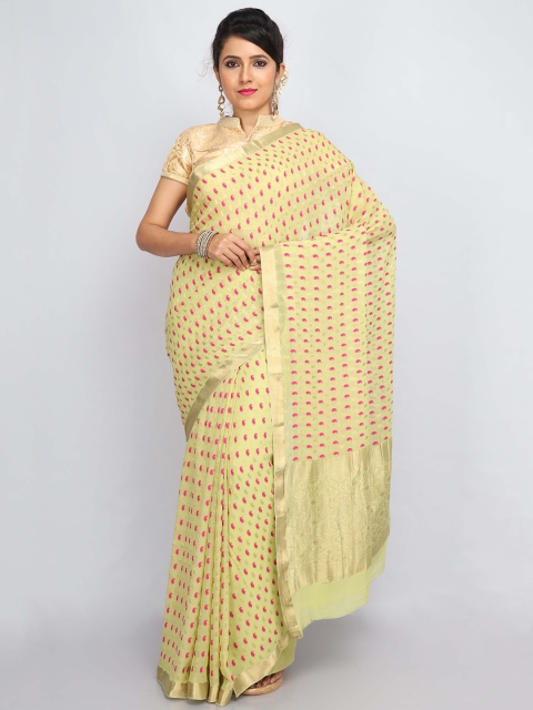 

SABOO COLLECTIONS Green & Pink Pure Silk Banarasi Saree