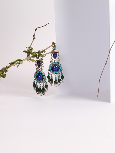 

SANGEETA BOOCHRA Silver-Plated Silver-Toned & Blue Contemporary Drop Earrings