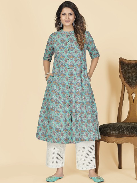 

Vbuyz Women Turquoise Blue Geometric Printed Thread Work Kurta