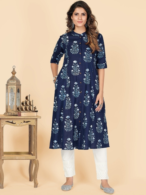 

Vbuyz Women Blue Floral Printed Thread Work Kurta