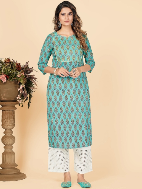 

Vbuyz Women Turquoise Blue Ethnic Motifs Printed Thread Work Kurta
