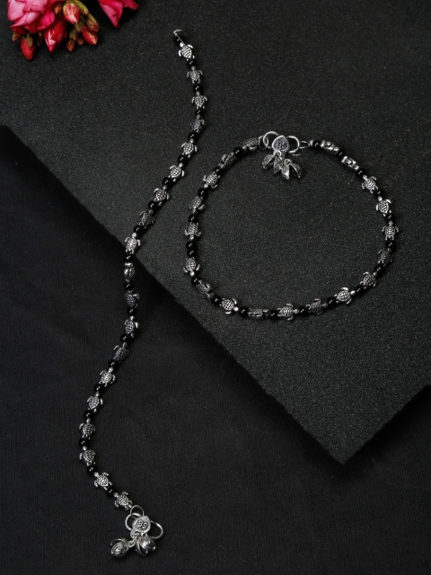 

NEUDIS Set Of 2 Oxidised Silver Plated Black Beaded Handcrafted Anklets