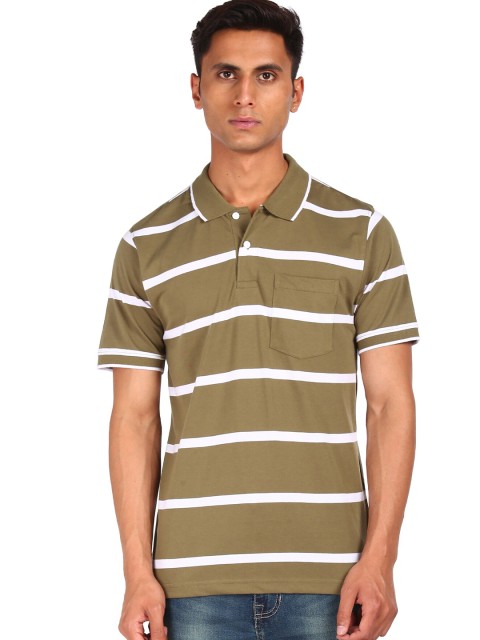 

Ruggers Men Olive Green Striped Polo Collar T-shirt