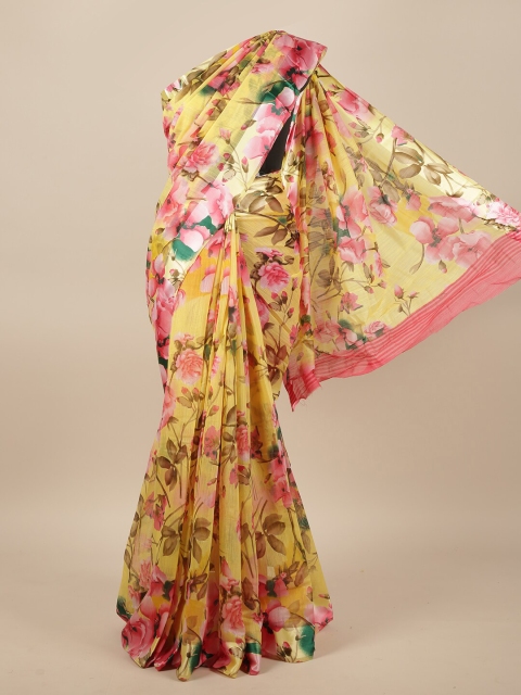 

Pothys Yellow & Pink Floral Printed Jute Silk Saree